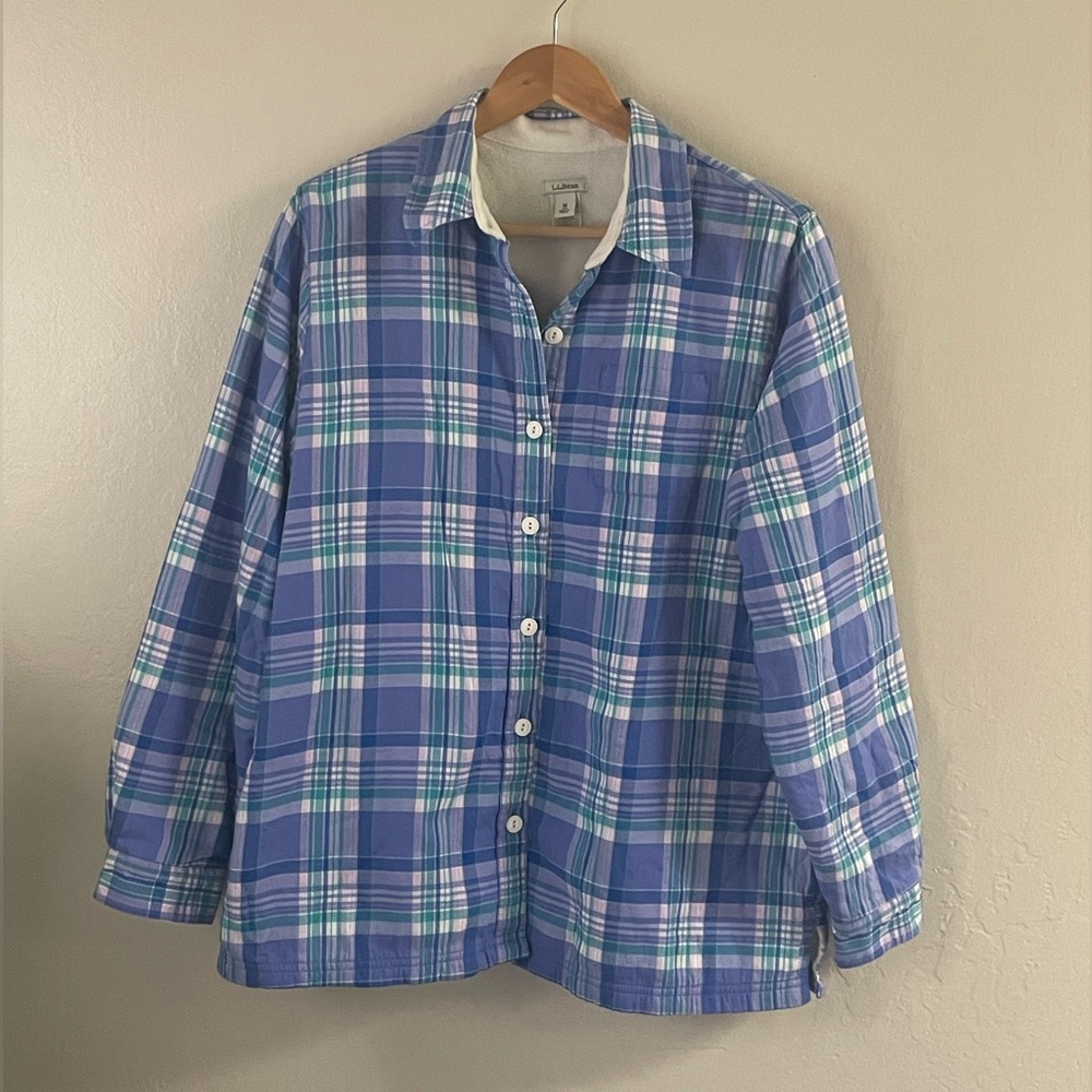 L.L. Bean blue plaid button down fleece jacket
